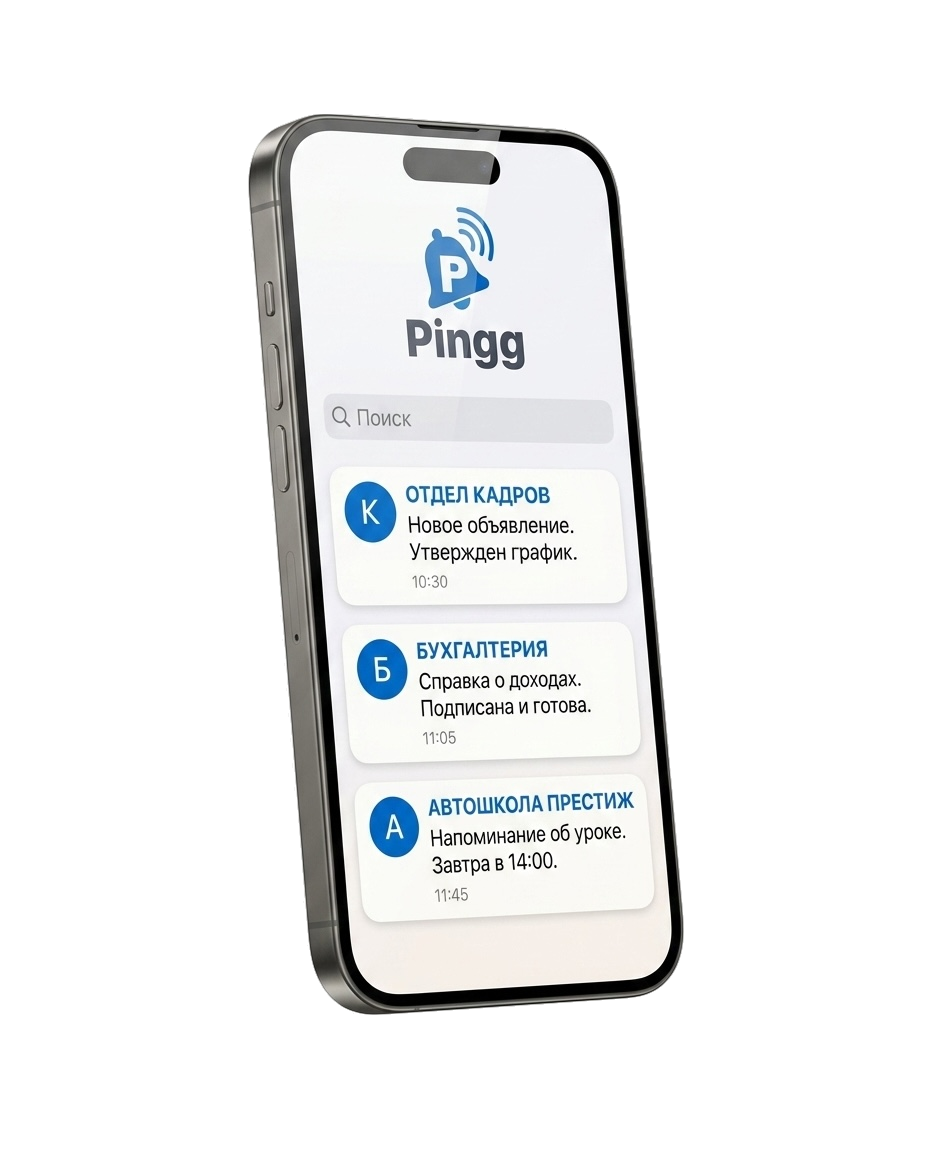 Приложение Pingg на смартфоне: список входящих рассылок от компаний — отдела кадров, бухгалтерии, автошколы.